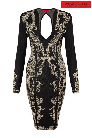 Wow Couture V neck 2 Tone Jacquard Dress